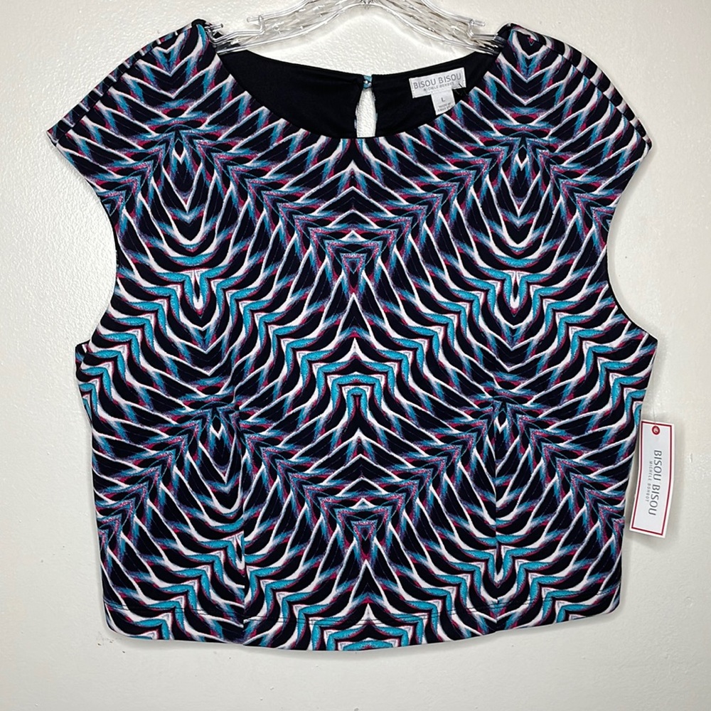BISOU BISOU Top Turquoise & Pink Scoop Neck Sleeveless Popover CHEVRON NWT Lg